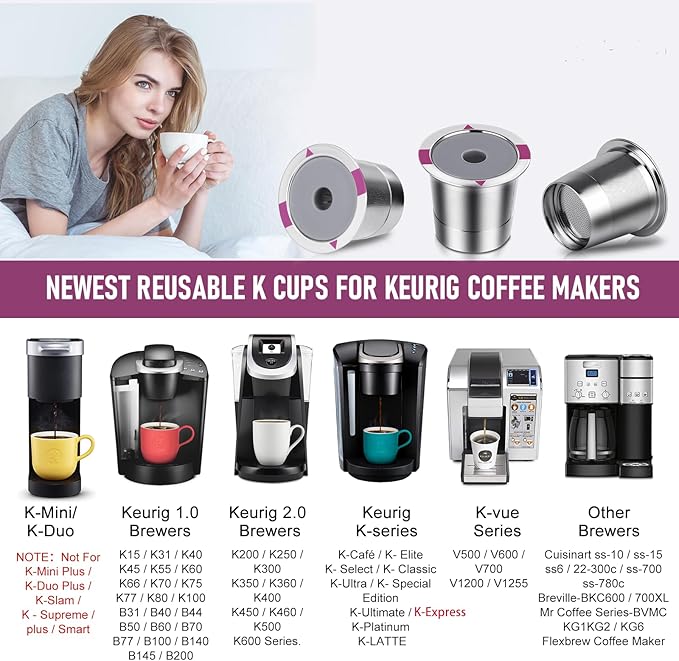Reusable K Cups, Universal stainless steel Reusable Coffee Pods, Refillable Single K Cups for K 2.0 and 1.0 Coffee Makers (２－PACK)