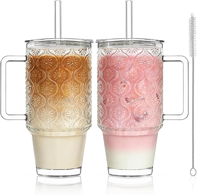 KEMORELA 24oz Ribbed Glass Cups with Lids and Straws,Glass Tumbler with Handle,2 set–Reusable Glass Ice Coffee Cups with Lid and Straw for Smoothies,Tea,Juice,Boba Cup for Cold & Hot Drinks,Travel Cup