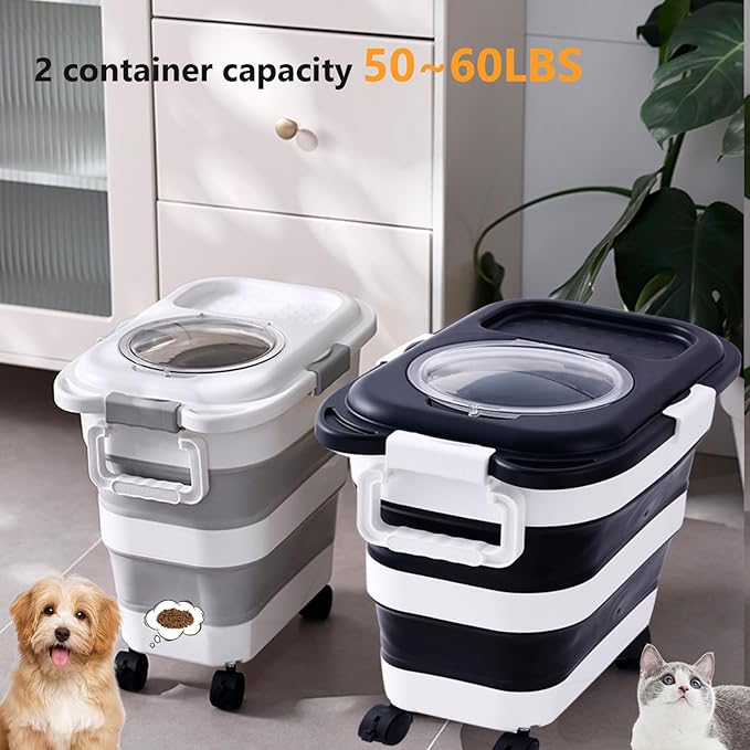 SEWIU 2pack 25 lbs Dog Food Storage Container,Collapsible Dog Food Container with Scoop,Pet/Dog/Cat/Bird Food/Cat litter Storage Containers to Keep Dry,Easy to Move.(Black+white)