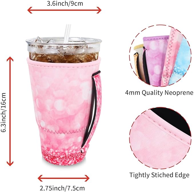 4Pack Reusable Iced Coffee Sleeve Insulator Sleeves for Cold Drinks Beverages, Neoprene Cup Holder for Most Coffee, Fits 30-32oz Large Cups (Glitter Pattern)