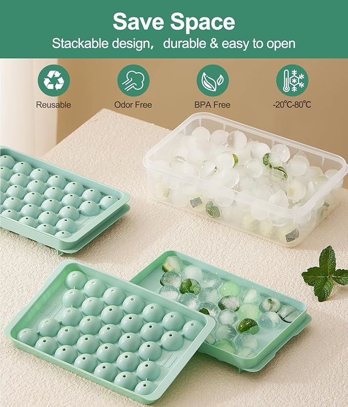 Round Ice Cube Trays with Lid and Bin (2-Pack) - Ice Trays for Freezer,BPA-Free Stackable Ice Ball Maker Mold for Freezer, Makes 62 Ice Balls for Cocktails, Whiskey, Coffee & Parties