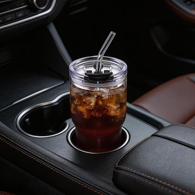 BLUEPOLAR 470ml/16oz Ribbed Glass Tumbler with Straw and Lid, BPA-Free Reusable Iced Coffee Cups with Lids, Thickened Coffee Tumbler for Office/Travel/Car (18oz)