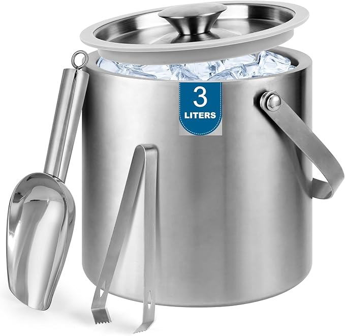 Portable Ice Buckets for Parties,3 Liter Double Wall Ice Bucket with Lid,Scoop,Tongs,Handle,Stainless Steel Ice Container to Keep Ice Frozen Longer- Ideal for Cocktail Bar,Camping,Chilling Beer/Wine