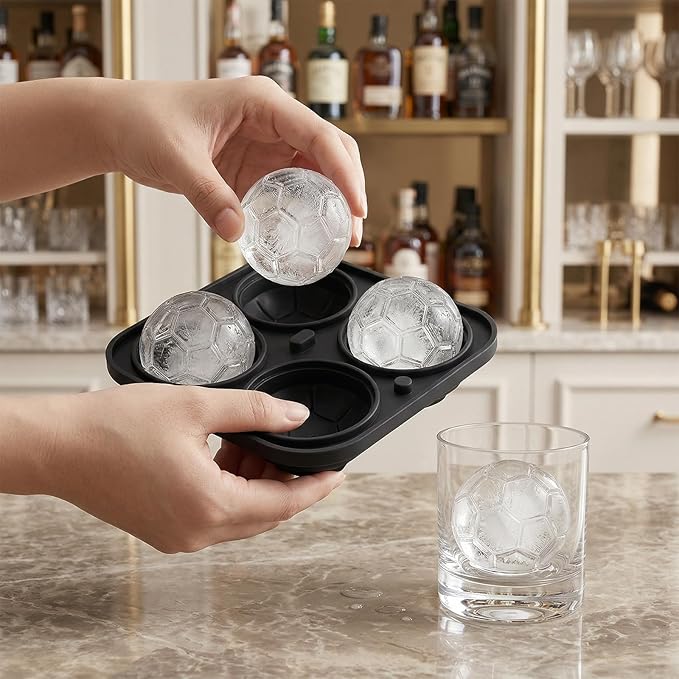 2-Pack Silicone Ice Ball Molds – 1 Football + 1 Soccer, 2.2" Large Whiskey Ice Spheres, Easy-Release & Dishwasher-Safe, BPA-Free Ice Trays for Cocktails, Bourbon, Parties & Gifts