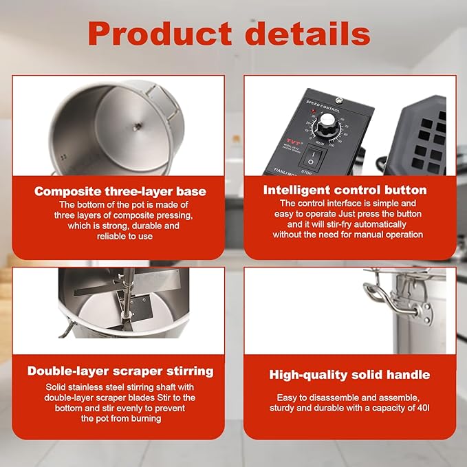 40L Automatic Food Mixer 110V 180W Stainless Steel Food Mixer Hot Pot Seasoning Bottom Soup Sauce Stirrer Frying Machine, One-button start, Adjustable stirring speed, Adjustable mixing scraper