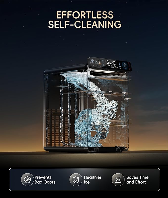 ecozy Nugget Ice Maker Countertop, Smart Pebble Ice Machine with APP Control, 44 lbs Per Day Soft Pellet Chewable Ice with Self-Cleaning, Black