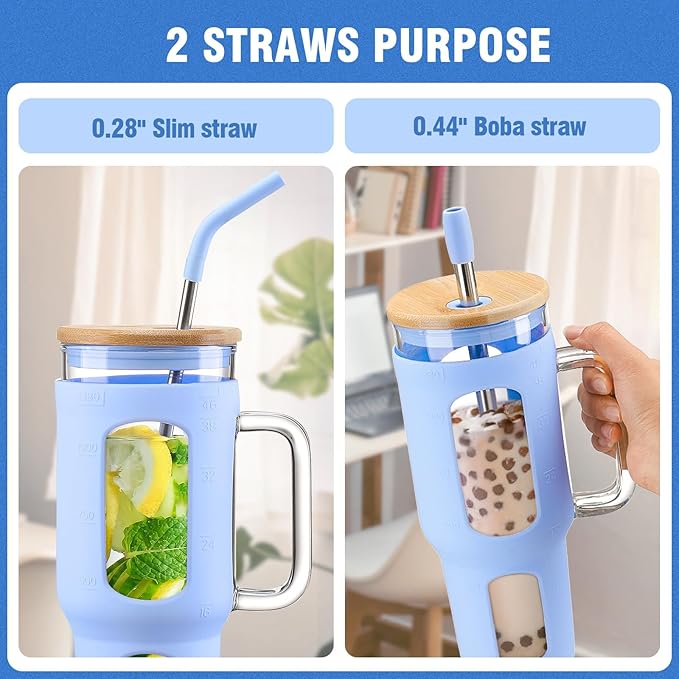 WINSA Glass Tumbler with Lid and Straw, 46 oz Iced Coffee Cup with Handle, Large Water Bottles with Silicone Sleeve, Glass Cup with Straws - Pearl Straw & Drinking Straw BPA Free-Glacier
