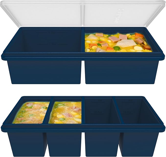 Silicone Freezer Trays with Lids, 2 Cup & 1 Cup Soup Container Style Ice Cube Trays, Easily prepare portioned meals, Great for storing soups and other dishes, Oven & Dishwasher-Safe(2-Pack)