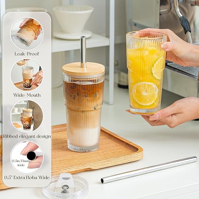 KEMORELA 20oz Ribbed Glass Tumblers with Bamboo & 2 in 1 Leak-proof Lids, Extra-Wide 13mm Reusable Stainless Steel Straws, 4Pcs Vintage Drinking Glasses for Boba, Iced Coffee,Smoothies,Travel Cups