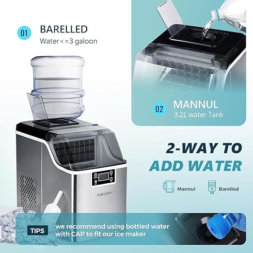 EUHOMY Ice Cube Maker Machine Countertop, 2 Ways to Add Water, 45Lbs/Day 24 Pcs Ready in 13 Mins, Self-Cleaning Portable Compact, with Ice Scoop & Basket, Perfect for Home/Kitchen/Office/Bar