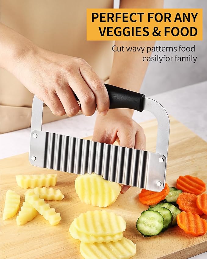Crinkle Cutter Stainless Steel Potato Slicer Heavy Duty Wavy Crinkle Cutting Chopping Tools with Comfortable Handle for Carrot Veggies (2, Black)