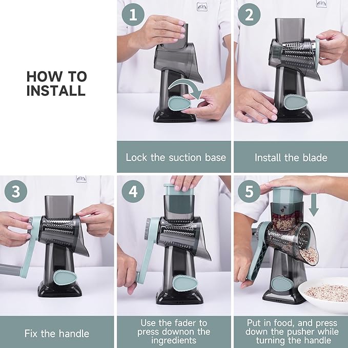 Cheese Grater Hand Crank, Manual Cheese Shredder with 3 Interchangeable Blades, Rotary Cheese Grater with Strong Suction Base, Easy to Use and Clean, GreyBlue