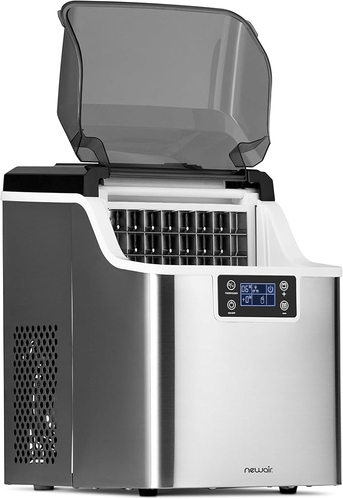 Newair Countertop Clear Ice Maker, 45lbs/Day Ice Cube Machine, Self-Cleaning Function and Custom Ice Thickness, Portable Ice Maker, 24H Timer, Ideal for Home Office and Outdoor Bar, Stainless Steel