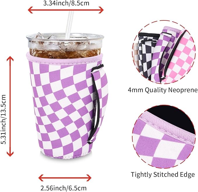 4Pack Reusable Iced Coffee Sleeve Insulator Sleeves for Cold Drinks Beverages, Neoprene Cup Holder for Most Coffee, Fits 22-24oz Medium Cups (Checkerboard)