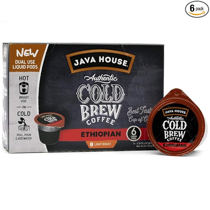 JAVA HOUSE Light Roast Ethiopian Cold Brew Pods, (36 Count) Peel and Pour Pods Hot or Iced Instant Coffee Concentrate