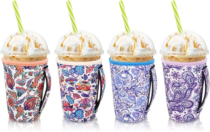 4Pack Reusable Iced Coffee Sleeve Insulator Sleeves for Cold Drinks Beverages, Neoprene Cup Holder for Most Coffee, Fits 22-24oz Medium Cups (Paisley)