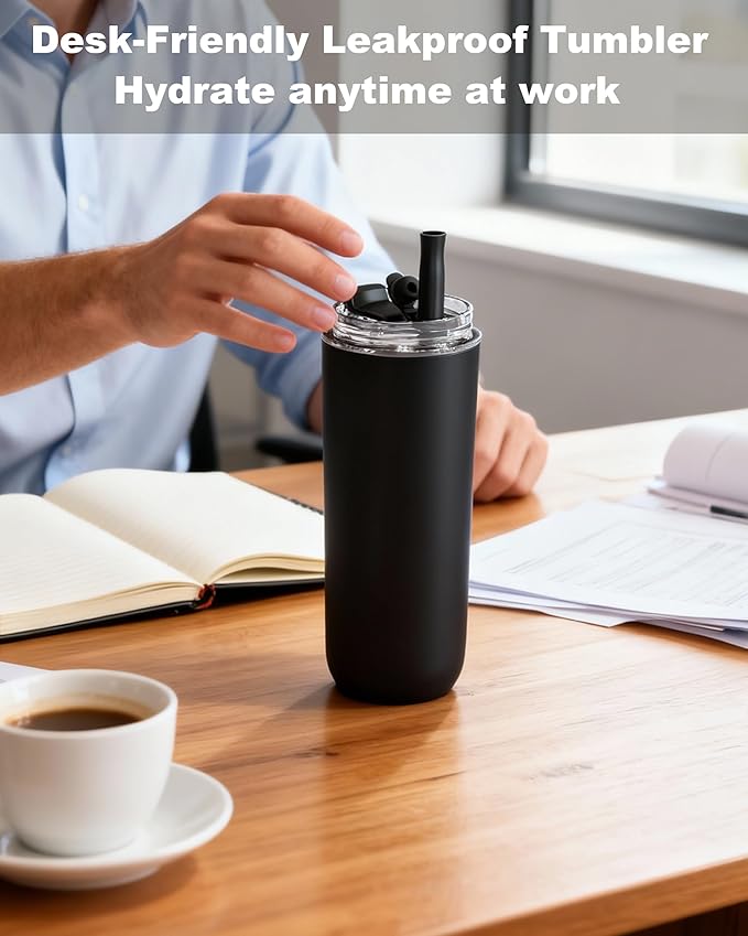 16 oz Insulated Coffee Tumblers, Travel Coffee Tumblers with Straw, Double-Wall Stainless Steel Tumbler, Leak Proof Tumbler, Reusable Cups with Lids for lced and Hot Drinks (Black)