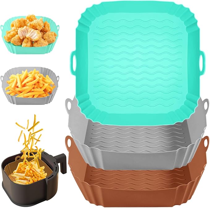 3 Pack Air Fryer Liners,8.5 Inch Silicone Airfryer Liners,Air Fryer Accessories,Reusable Baking Tray Oven Accessories,Replacement of Flammable Parchment Paper(Green&grey&brown)