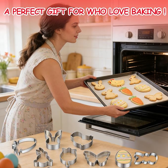 Easter Cookie Cutters Bunny Carrot Tulip Butterfly Chick Egg Biscuit for Kids DIY Lunchbox Bento Box Fruit Vegetable Sandwich Cutters for Children Boys Girls, Pack of 8