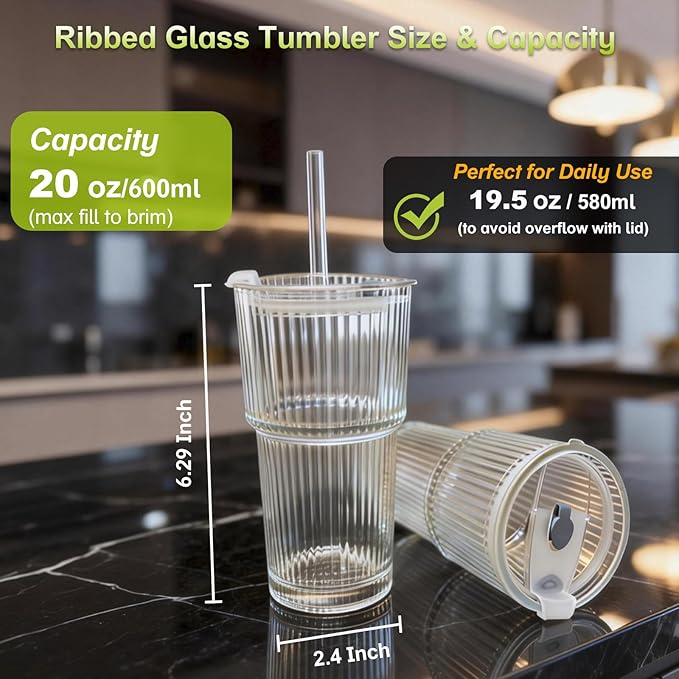 4pcs Ribbed Glass Tumbler with Straw and Lid - 20oz Reusable Iced Coffee Beer Cups, Coffee Bar Accessories for Cocktails Juices, Includes 1 Cleaning Brush