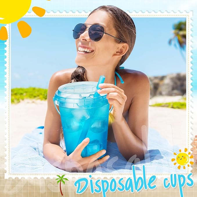 Funnymoom 60 Set 34oz Disposable Plastic Drink Buckets with Lids and Straws Pastel Iced Coffee Cups Rum Buckets for Cocktail Parties Smoothie Cup Bulk with Handles for Beach Pool Party Supplies