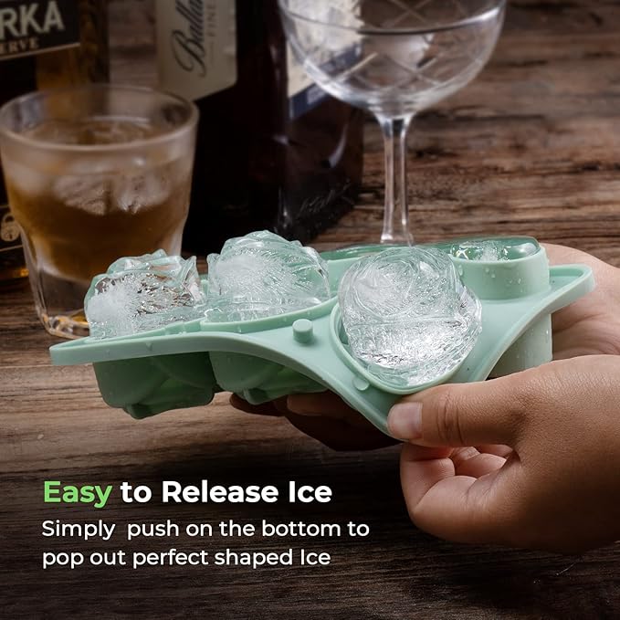 3 Rose & 3 Heart Shaped Ice Cube Tray, MEETRUE Silicone Ice Cube Tray with Clear Funnel-type Lid Novelty Rose Ice Cube Mold Ice Ball Maker Mold Ice Tray for Cocktails Whiskey Chilled Drinks,Green