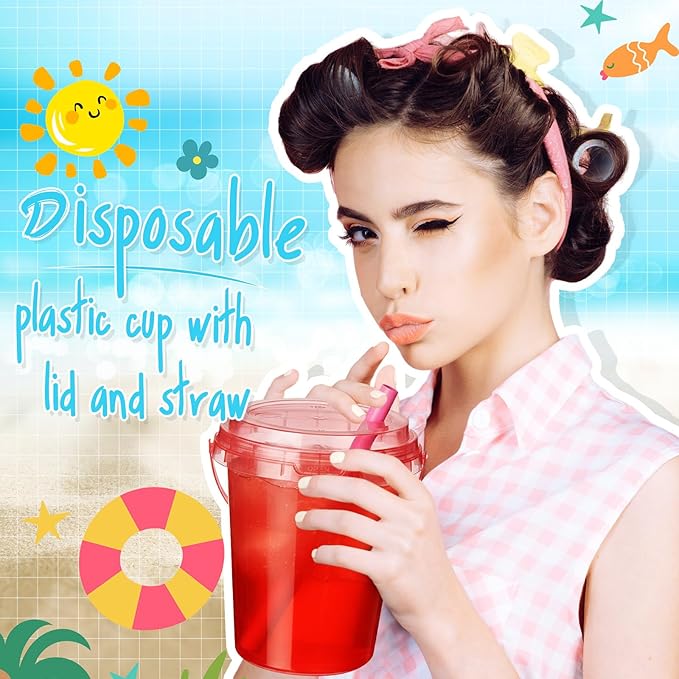 Funnymoom 60 Set 34oz Disposable Plastic Drink Buckets with Lids and Straws Pastel Iced Coffee Cups Rum Buckets for Cocktail Parties Smoothie Cup Bulk with Handles for Beach Pool Party Supplies