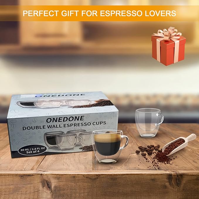 ONEDONE Espresso Cups Set of 4-2.8 OZ Double Walled Glass Hand Blown Espresso Shots Glass Thermo Insulated Expresso Coffee Mugs with Handle Small Demitasse Cups for Espresso Machine