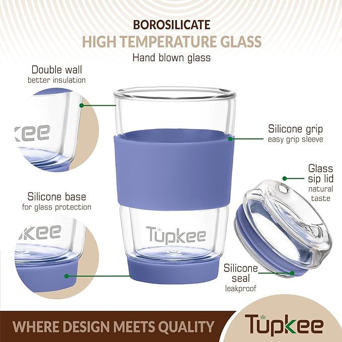 Tupkee Double Wall Glass Tumbler - 8-Ounce, All Glass Hand Blown Reusable Insulated Tea/Coffee Mug & Lid, Travel Mug - Jacaranda