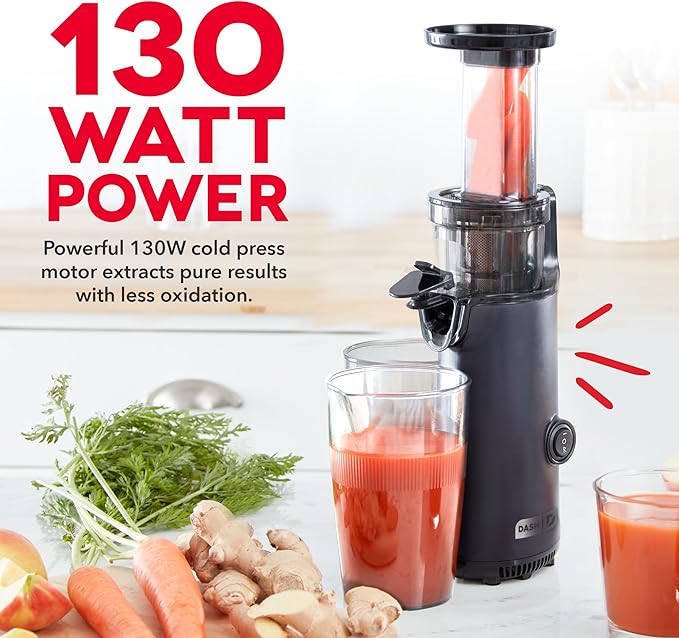 DASH Deluxe Compact Masticating Slow Juicer, Easy to Clean Cold Press Juicer with Brush, Pulp Measuring Cup, Frozen Attachment and Juice Recipe Guide - Black