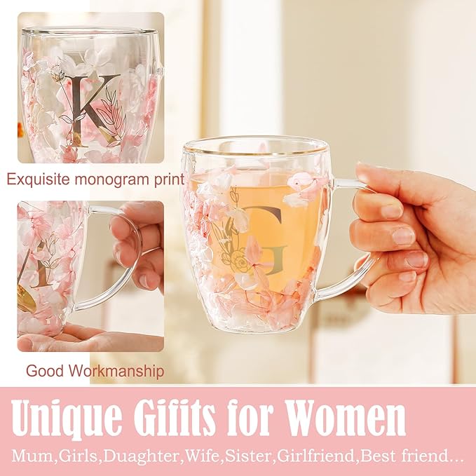 Personalized Gifts for Women Flower Glass Coffee Mug Initial Tea cup Monogrammed Customized Bridesmaid Bride Wedding Gifts Graduation Gifts Valentine Mother's Day Birthday Christmas Gift (G)