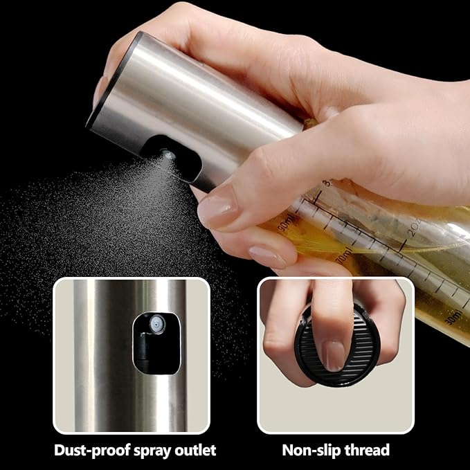 2 Pack Oil Sprayer for Cooking, 3.5 OZ Olive Oil Dispenser Bottle for Kitchen Gadgets, Food, Air Fryer, Salad, Vinegar, BBQ, Stainless Steel Pump for Mist Spray, Glass Metarial Mister, 100 ML