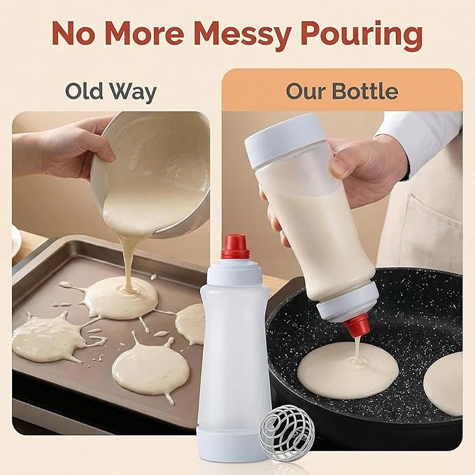 One Pack Pancake Batter Dispenser with BlenderBall and Wire Whisk, 33 Oz Silicone Squeeze Pancake Mix Dispenser, Kitchen Pancake Batter Dispenser Bottle for Waffle Cupcakes Muffins Crepes Qatayef