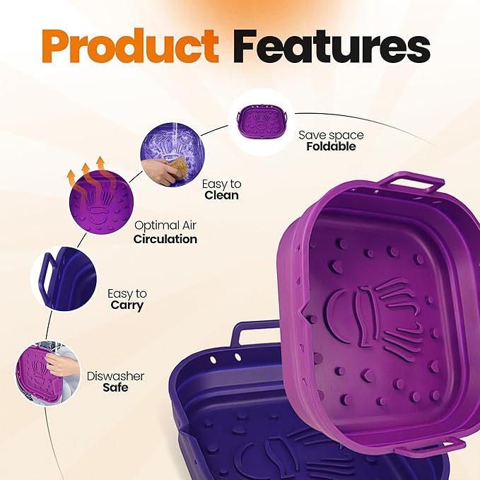 Platinum Silicone Air Fryer Liners Reusable Square-Extra Strong-Easy to Clean Air Fryer basket for Oven Microwave Accessories - BPA Free - Food Safe Pot for 5.8QT to 8 QT - 9 Inch