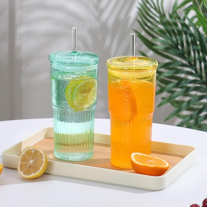 QWEZXO 20 OZ Glass Cup with Lids and Glass Straws, High Borosilicate Iced Coffee Glass Tumblers with Lid and Straw for Drinks, 2pcs Reusable Wide Mouth Smoothie Cup(Cyan)