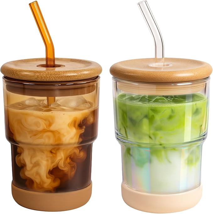 Zukro 13 oz/400ml Glass Cups with Bamboo Lid and Straw, Thick Wall Reusable Glass Tumbler for Iced Coffee, Tea, Matcha, Water Glasses for Home, Office, Non-Slip & BPA Free, Amber & Shrimmer