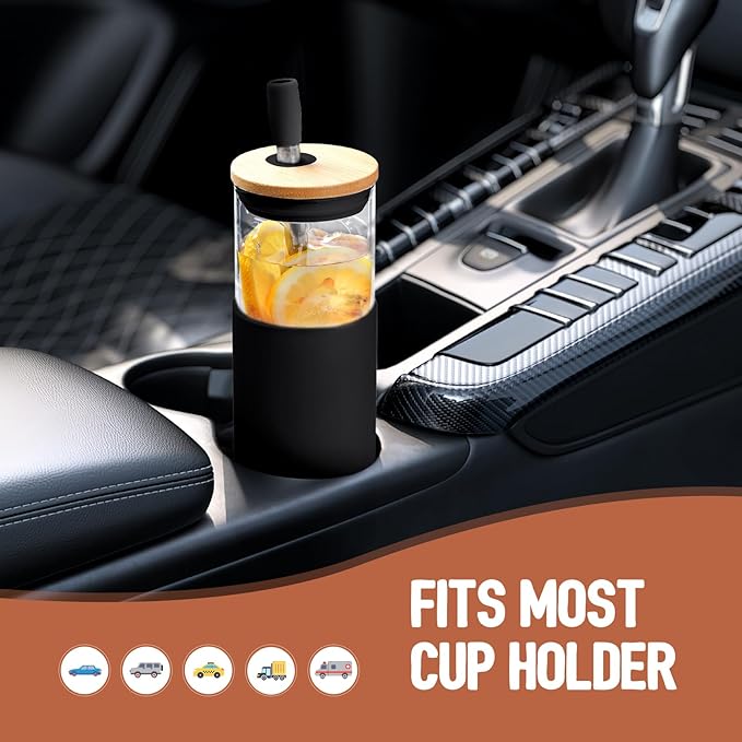 Kodrine 24oz Glass Tumbler with Lids and Straws|Bamboo & On the go Lid|Reusable Ice Coffee Cup with Silicone Sleeve, Glass Coffee Tumbler for Smoothie/Matcha, Dishwasher & BPA Free-Black