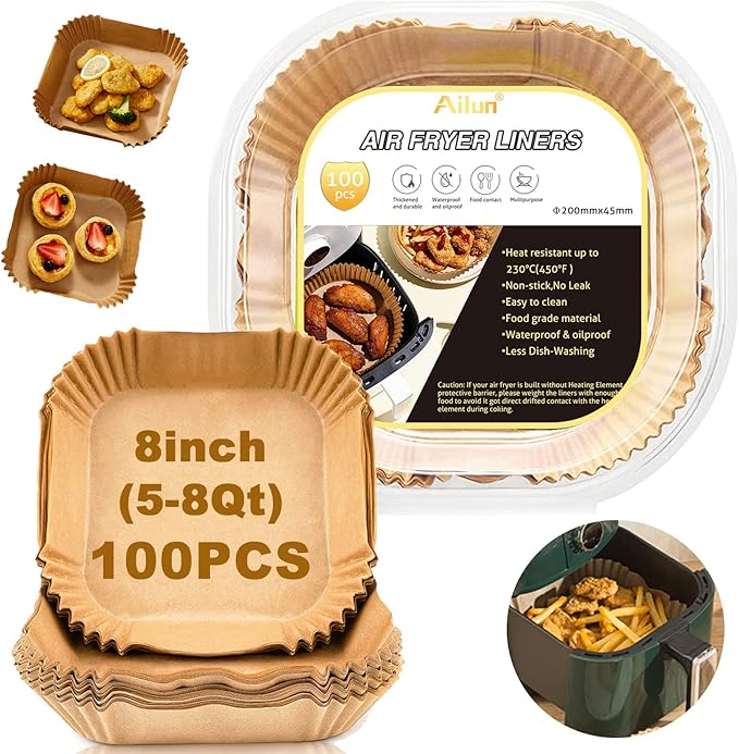 Ailun Air Fryer Paper Liners 8inch, 100PCS Non-Stick Parchment Paper,Oil Resistant,Disposable Food Grade Free of Bleach Paper Square for 5-8 QT Air Fryer Baking Roasting Microwave