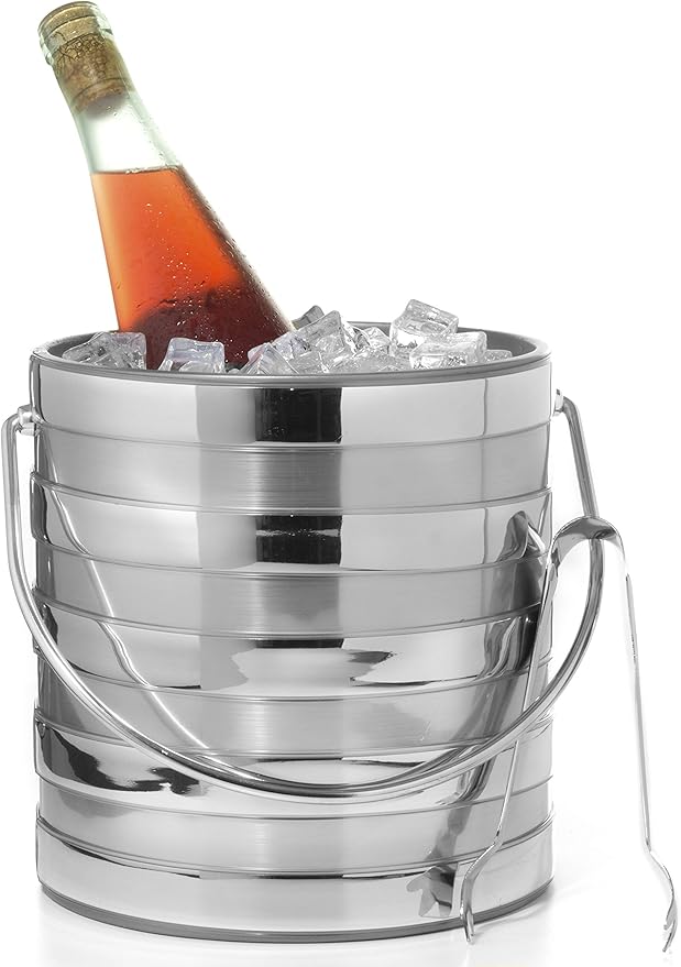 Made In USA Metallic Deco Collection Double Walled Insulated Ice Bucket With Ice Tongs (3-Quart, Silver Stripes)