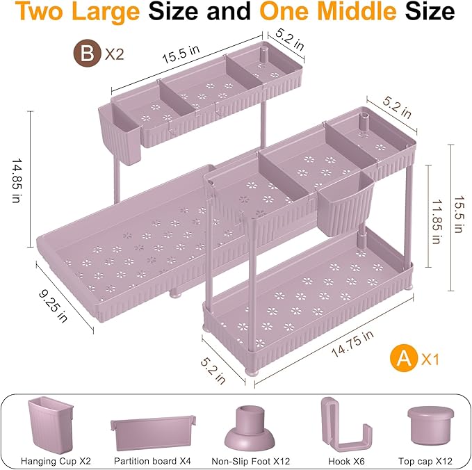 Sevenblue 3 Pack Multi-Purpose Under Sink Organizers and Storage, 2026 L-Shaped Pull Out Cabinet Organizer for Bathroom & Kitchen, Under Cabinet Organizer with Hooks Hanging Cup (Pink, 14.85 inch)