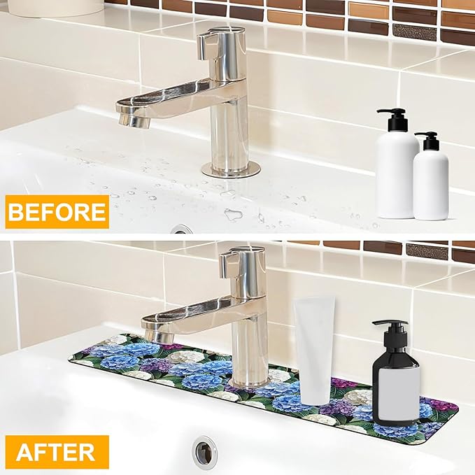 2 Pack Vintage Hydrangea Sink Faucet Absorbing Mat Colorful Hydrangeas Super Absorbent Fast Drying Mat Sink Gadgets Behind Faucet Sinkmat for Kitchen Bathroom, 23.5"x5.5"