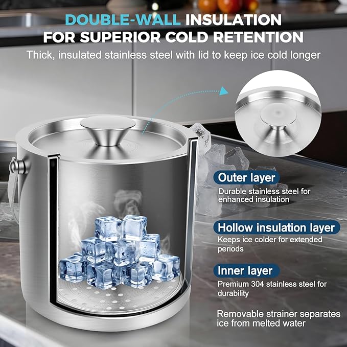 3L Ice Buckets for Parties 6PC Set, Stainless Steel Double-Wall Insulated Ice Bucket with Lid, Scoop, Tongs, Beer & Wine Opener – Ideal for Cocktail Bar, Outdoor Events & Keeps Ice Frozen Longer