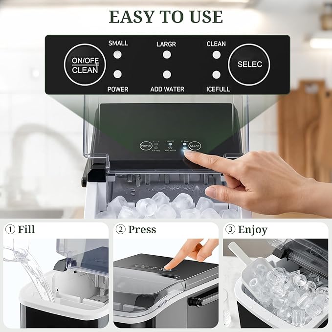 Ice Maker, Portable Ice Makers Countertop with Handle, Basket & Scoop, 26Lbs/24Hrs, 9 Bullet Ice Cubes in 6 Mins, 2 Ice Sizes, Self-Cleaning, Quiet Compact Ice Machine for Home Kitchen Party, Black