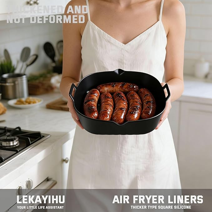 2 Pack Air Fryer Liners,8.5 Inch Silicone Airfryer Liners,Air Fryer Accessories,Reusable Baking Tray Oven Accessories,Replacement of Flammable Parchment Paper (Red Blue) (Black 2 pcs)