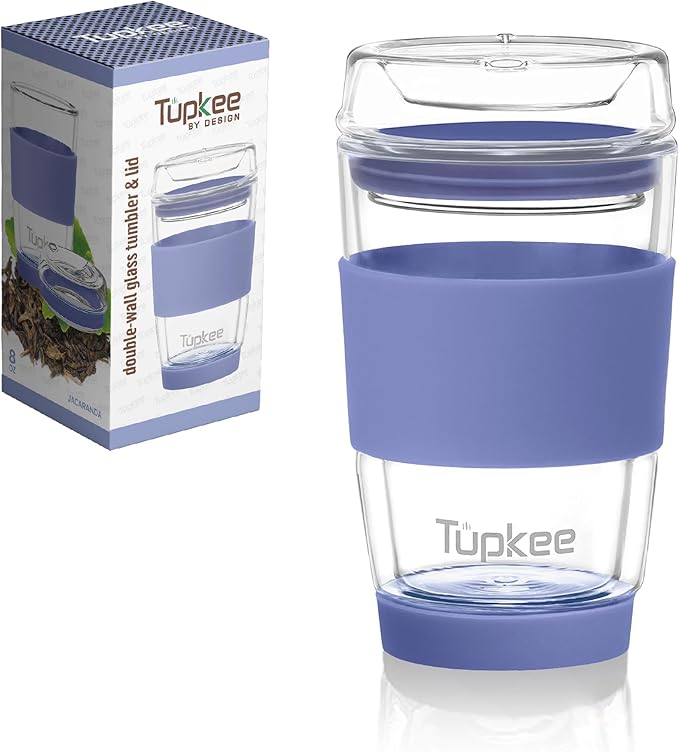 Tupkee Double Wall Glass Tumbler - 8-Ounce, All Glass Hand Blown Reusable Insulated Tea/Coffee Mug & Lid, Travel Mug - Jacaranda