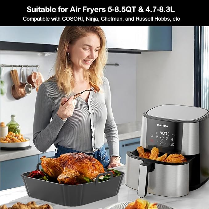 9-Inch Large Square Silicone Air Fryer Liners for Ninja AF141 AF181 AF142 Cosori 6QT, 2 Pack Silicone Pot Baking Accessories for Chefman, Instant, Cuisinart, Reusable Tray Insert 5–8QT