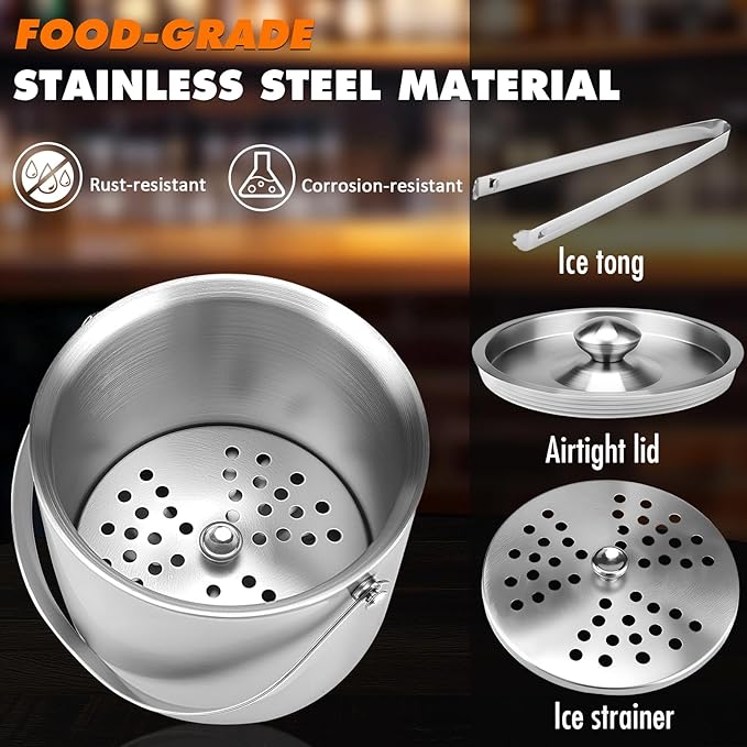 Ice Bucket, 3L Double-Wall Stainless Steel Insulated Ice Bucket With Lid and Ice-Tong, Ice-Buckets for Parties Home Bar, Chilling Beer, Champagne, Wine Bottle(Silver)