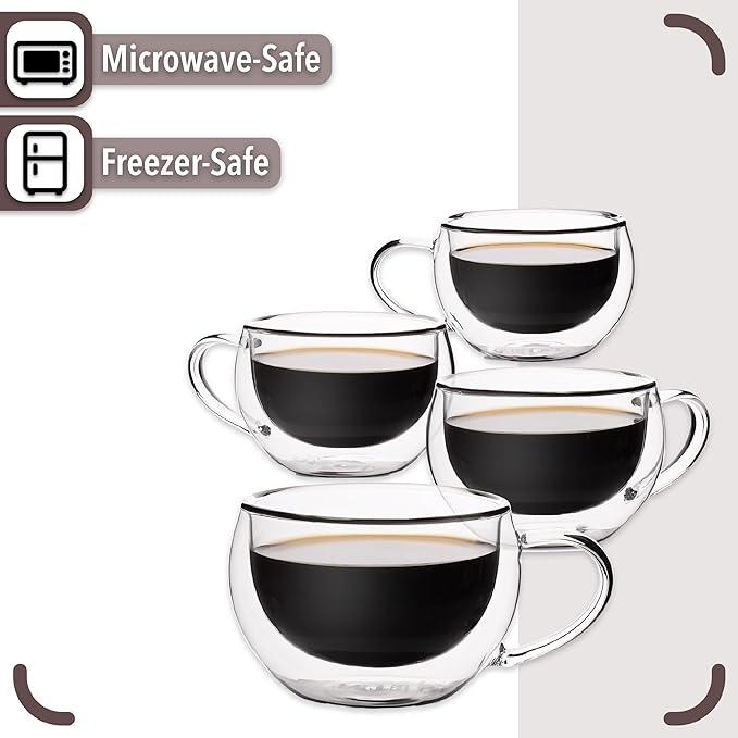 BTaT- Double Walled Espresso Cups, 6 oz, Set of 4, Clear Coffee Mugs, Double Wall Insulated Espresso Cups, Small Coffee Mugs for Tea, Lattes, Macchiatos, Hot & Cold Beverages, Microwave Safe