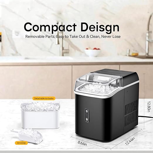 NEWBULIG Nugget Ice Makers Countertop, Portable Nugget Ice Machine, Ready in 6 Mins, 24lbs in 24Hrs, Auto-Cleaning, with Basket and Scoop, for Home, Kitchen, RV, Camping, Black
