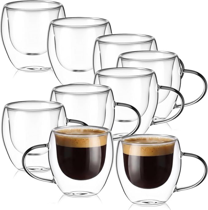 8 Pack Espresso Cups Double Wall 5oz Hand Blown Glass Coffee Mugs Clear Insulated Glass Coffee Shots Cups with Handle for Espresso Machine, Cappuccino, Latte, Tea